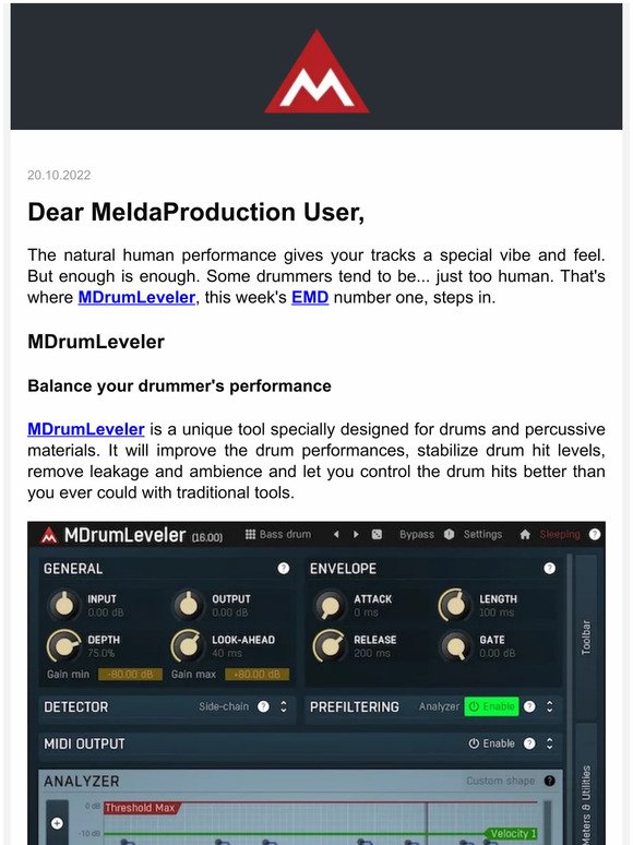 Improve your drummer's performance with MDrumLeveller (-50%) + 3 more discounted plugins available
