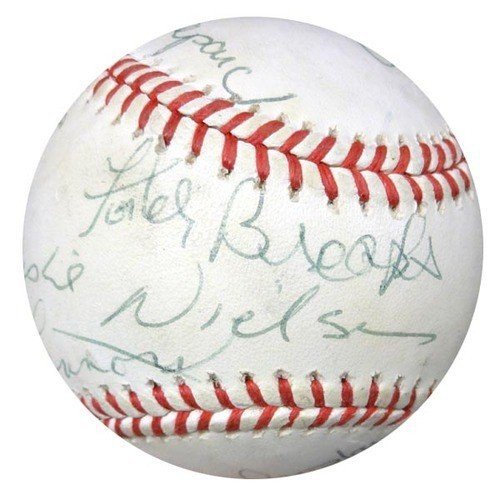 Multi Signed Autographed Signed Celebrity & Movie Stars Official Al Baseball With 10 Signatures Including Jim Valvano, Leslie Nielsen & Alan Shepard PSA/DNA