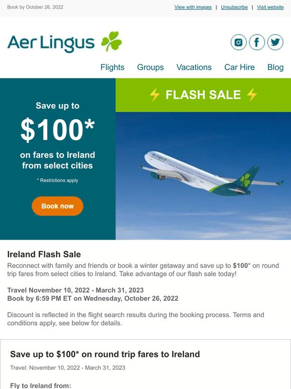 ⚡ Flash Sale ⚡ Save up to $100* to Ireland from select cities