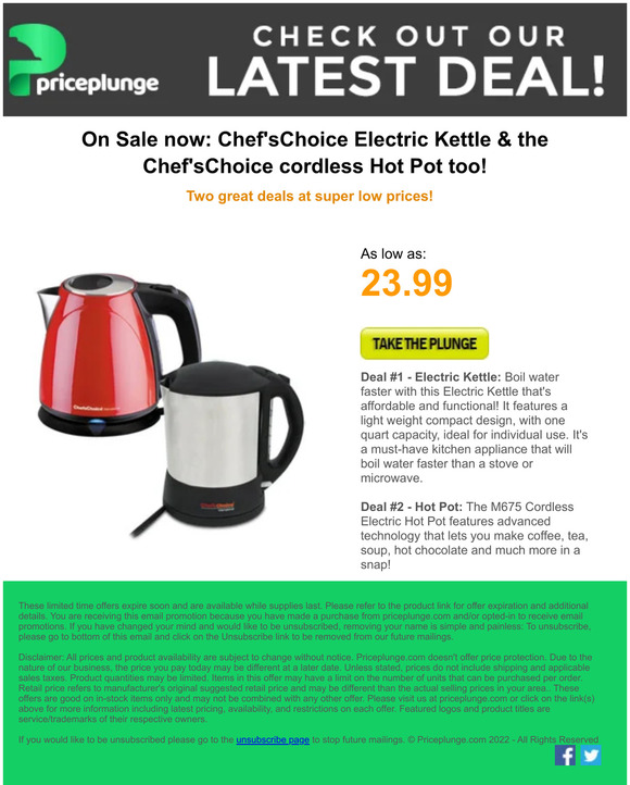 On Sale, Chef'sChoice Electric Kettle and Cordless Hot Pot too