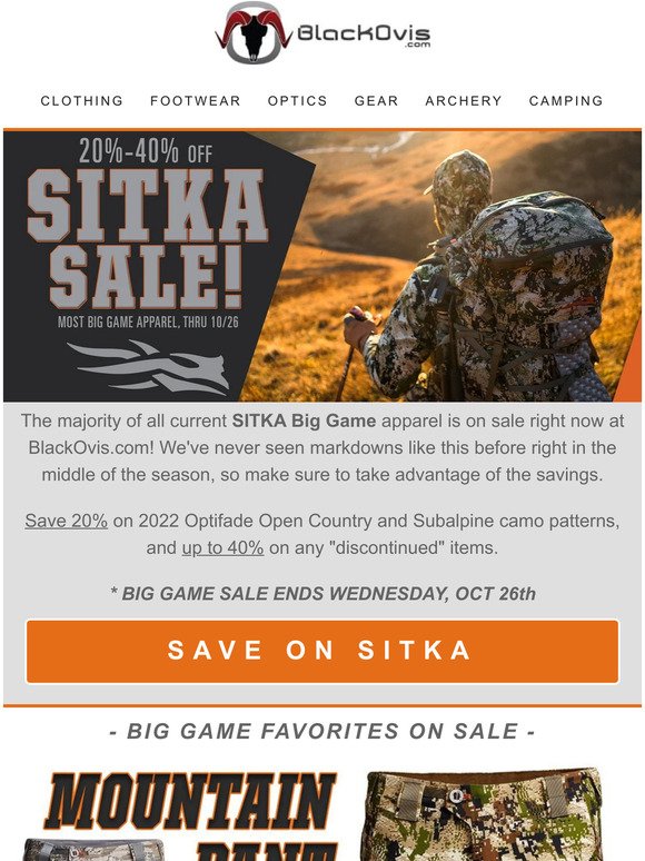 SITKA Big Game Sale: 20% - 40% off