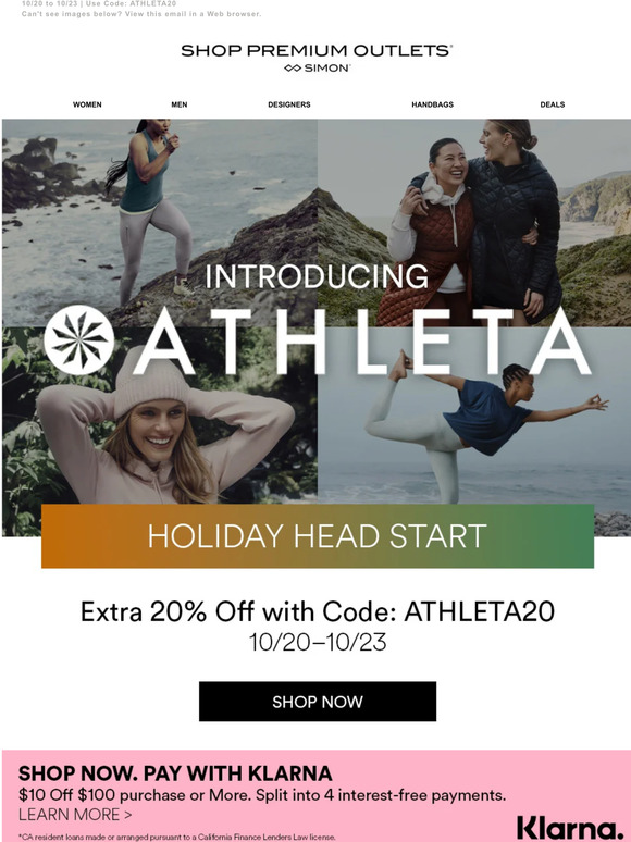 Shop Premium Outlets INTRODUCING ATHLETA Extra 20 Off Holiday Head