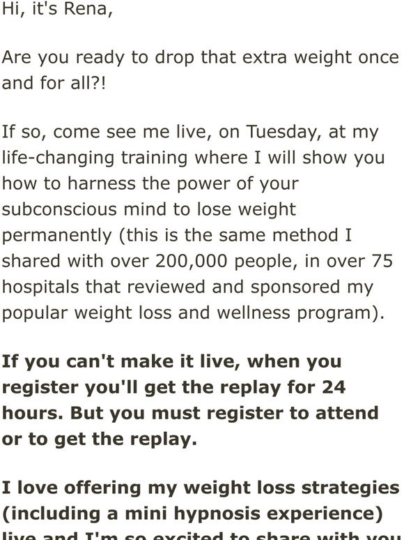 Attend Live Weight Loss Webinar with Rena (Free. Space is Limited.)