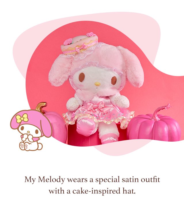 My Melody wears a special satin outfit with a cake-inspired hat.