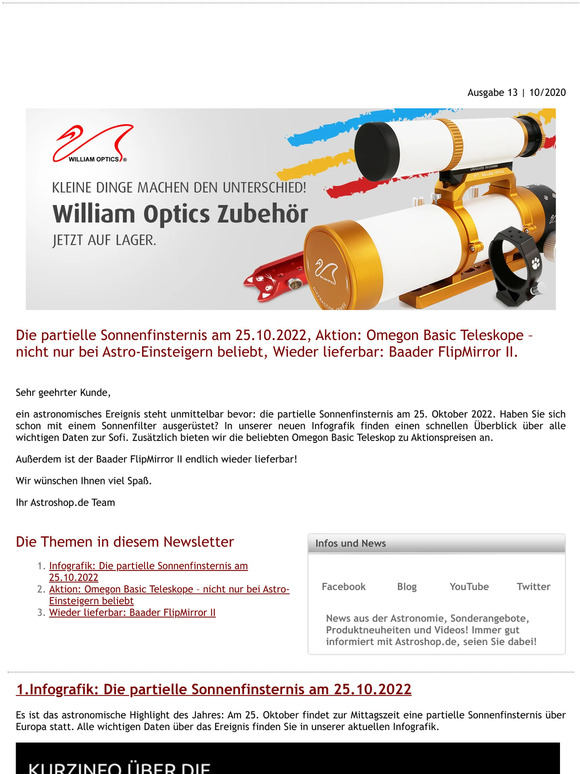 🔭Die partielle Sonnenfinsternis am 25.10.2022, Omegon Basic Teleskope – nicht nur bei Einsteigern beliebt, Wieder lieferbar: Baader FlipMirror II.🌖