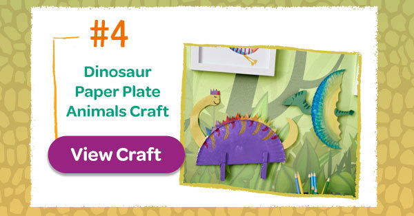 Two completed Dinosaur Paper Plate Animals Crafts hanging on wall