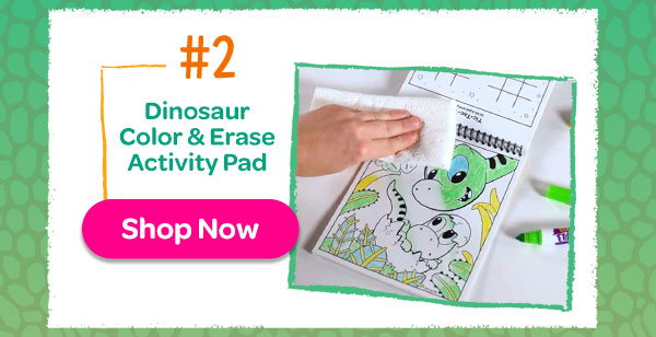 Hand erasing a partially colored-in page from the Dinosaur Color & Erase Activity Pad
