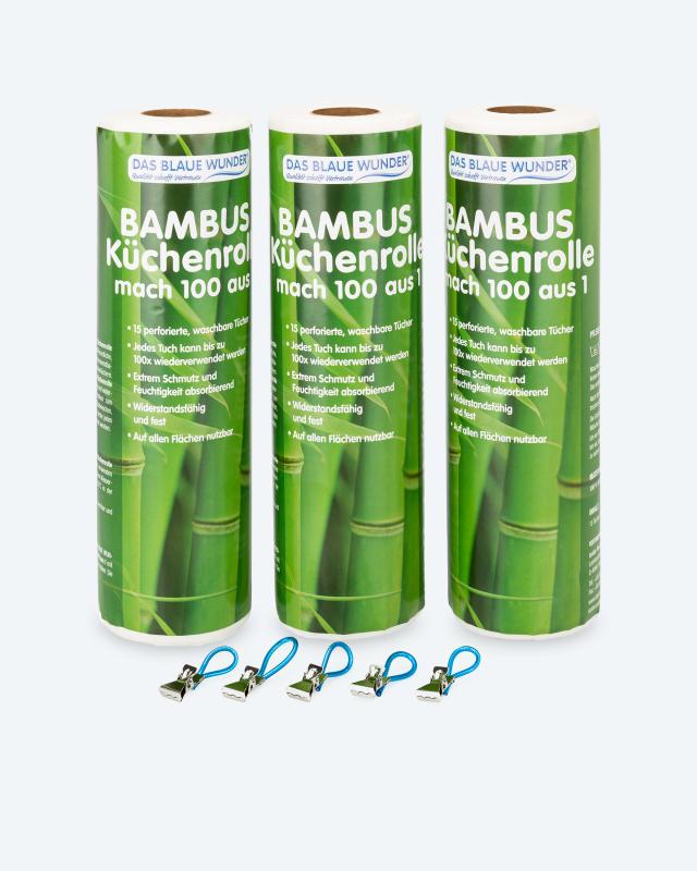 Bambus Küchenrolle; 3er Set + 5 Clips