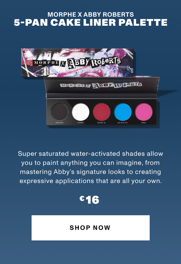 5-PAN CAKE LINER PALETTE Super saturated water-activated shades allow you to paint anything you can imagine, from mastering Abby’s signature looks to creating expressive applications that are all your own.