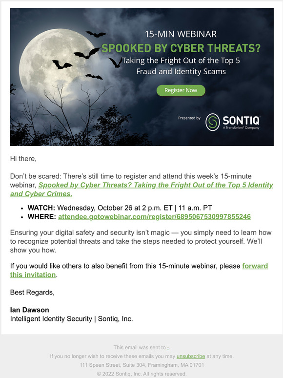 Last Chance: Webinar on Wednesday: Spooked by Cyber Threats?