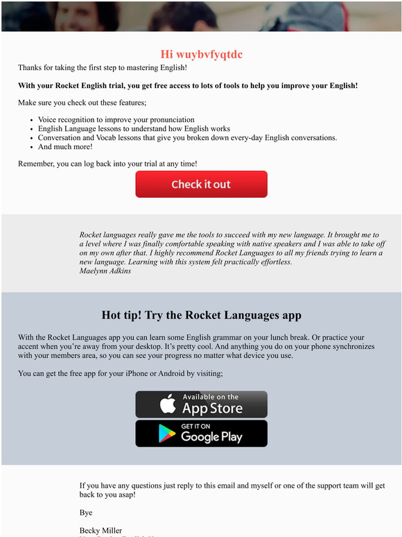 Hello —, Learn English with your Rocket English free trial