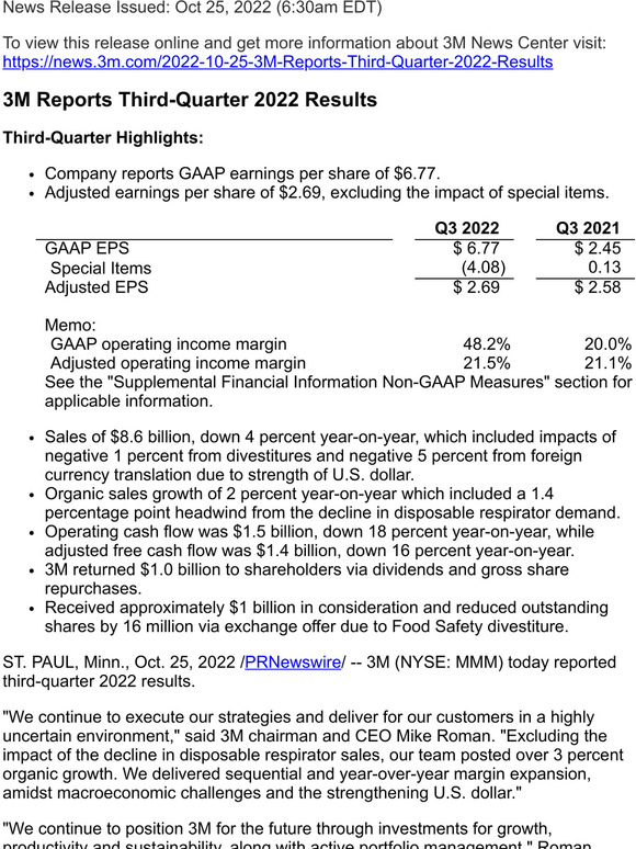 3M Reports Third-Quarter 2022 Results