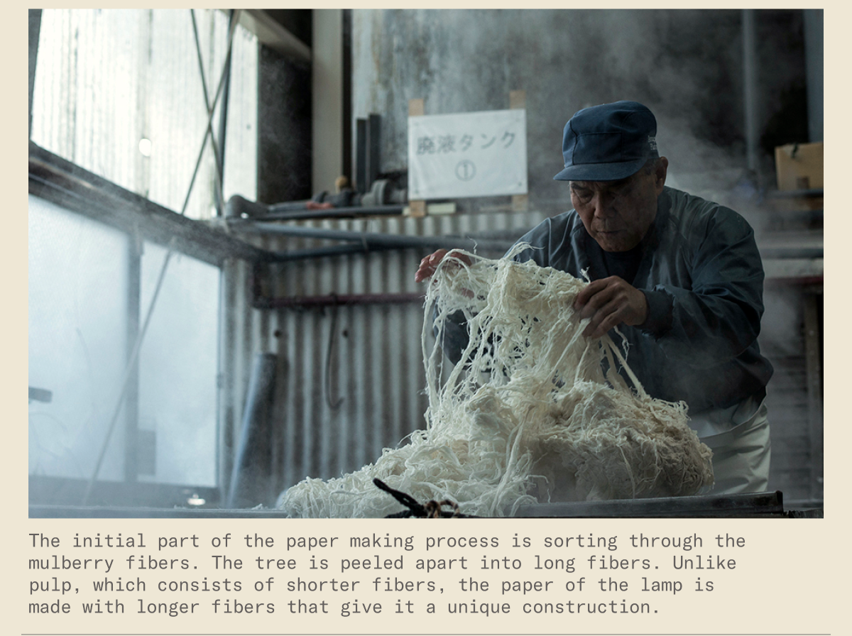 The initial part of the paper making process is sorting through the mulberry fibers. The tree is peeled apart into long fibers. Unlike pulp, which consists of shorter fibers, the paper of the lamp is made with longer fibers that give it a unique construction.