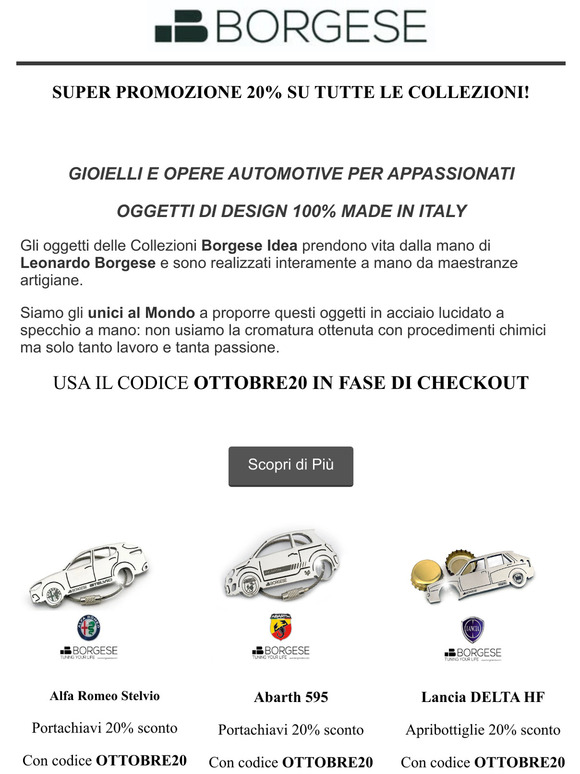 Borgese Idea: Creazioni uniche per gli appassionati di auto. Sconto 20%