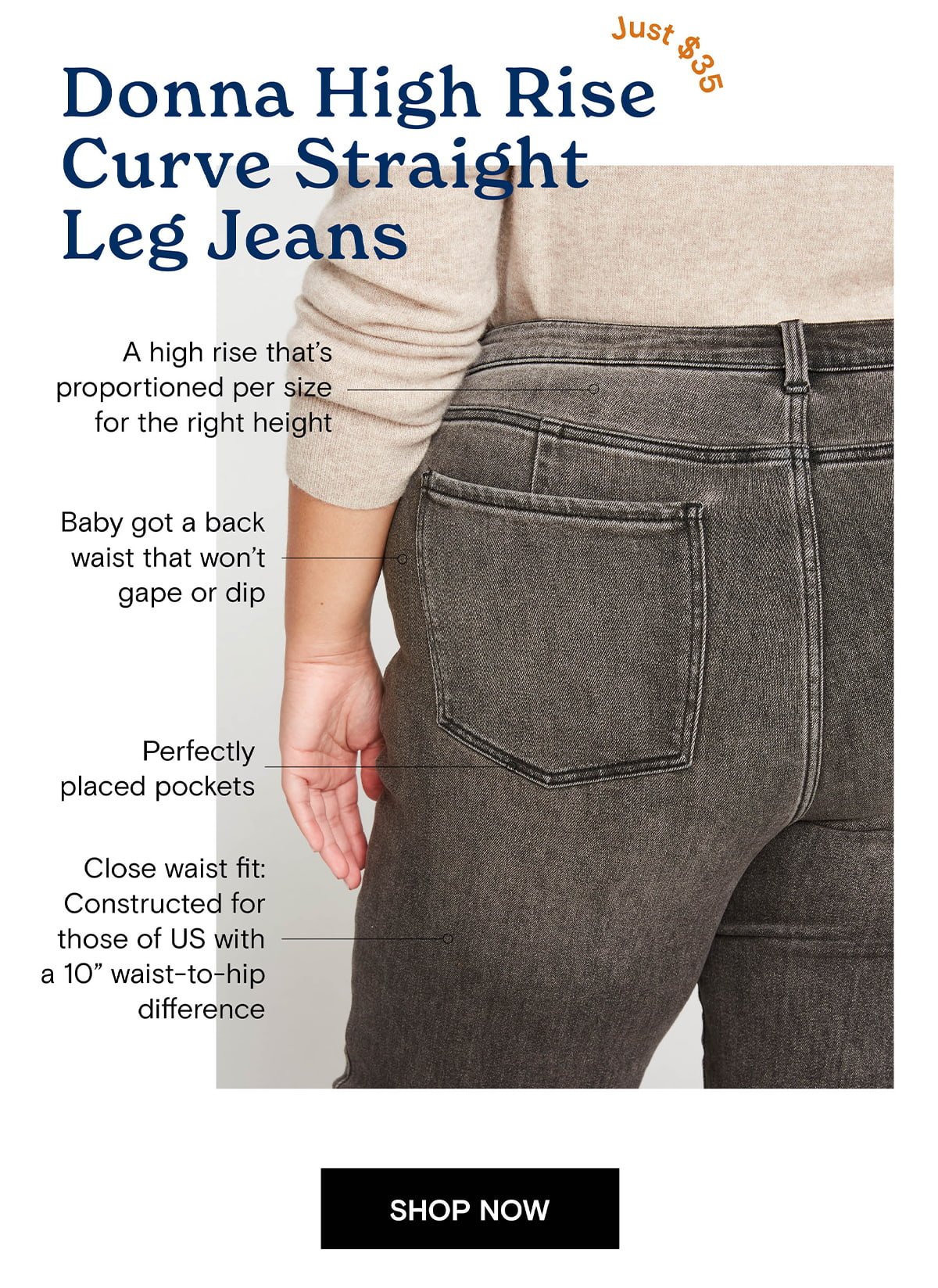 Get the Donna High Rise Curve Straight Jeans for $35