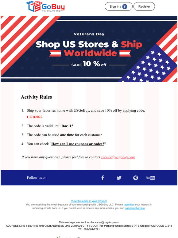 Dear —, 10% off on Veterans Day