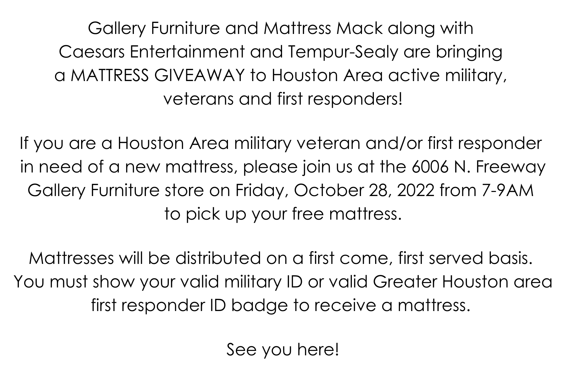 Gallery Furniture MATTRESS GIVEAWAY for active military, veterans and