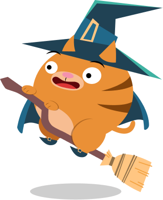 cat character wearing a witch hat and riding a broom