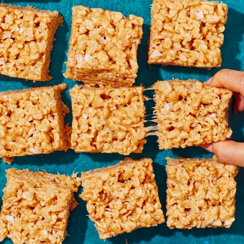 Peanut butter rice crispy treats as seen from overhead. 