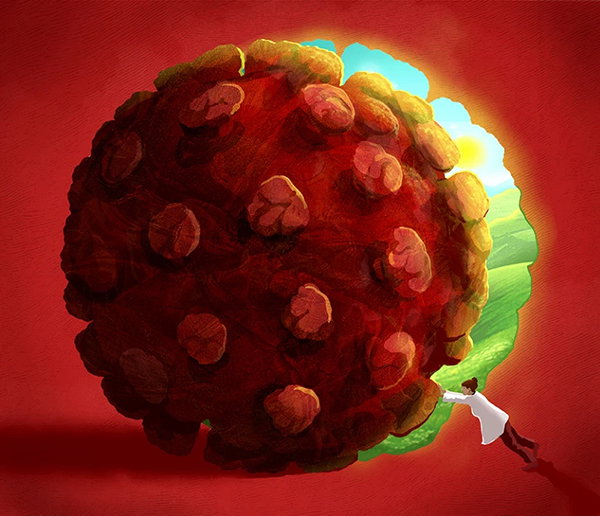 Illustration of a woman trapped in a cave pushing away a large virus to open a way to a beautiful outdoors scene.