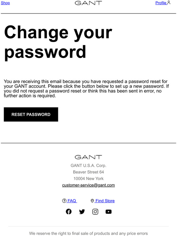 GANT: Reset Password Assistance | Milled