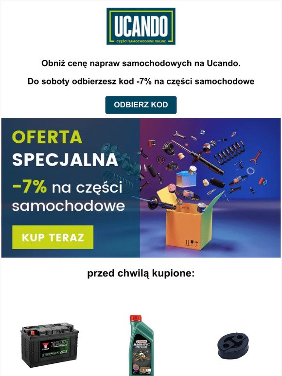 🔵 Dodatkowe -7% na części samochodowe w Ucando.pl