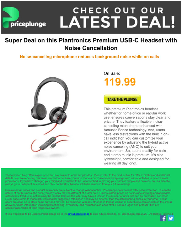 Super Deal on Plantronics Premium Headset with Noise Cancellation