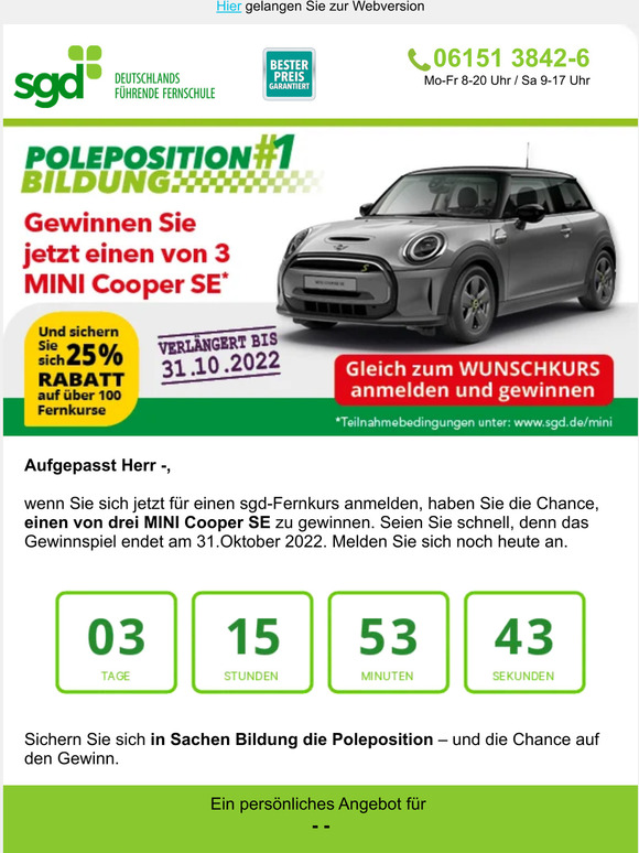 Noch 3 Tage: Fernkurs belegen und MINI Cooper SE gewinnen