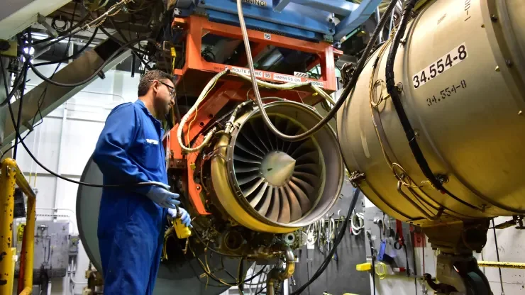 An aircraft engine is being tested at Honeywell Aerospace in Phoenix.