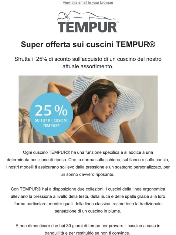 Promo cuscini TEMPUR®: subito 25% di sconto!