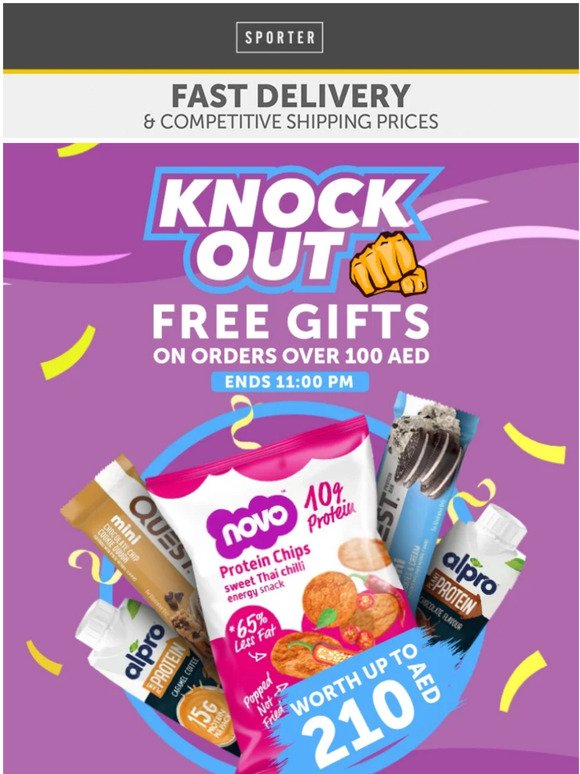 Knockout Offers end tonight 👊 FREE gifts worth up to AED 210 on all orders over AED 100.