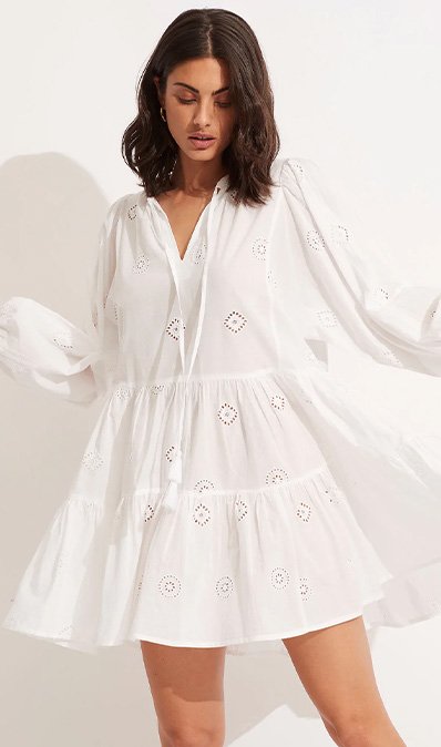 Embroidery Tiered Dress - White