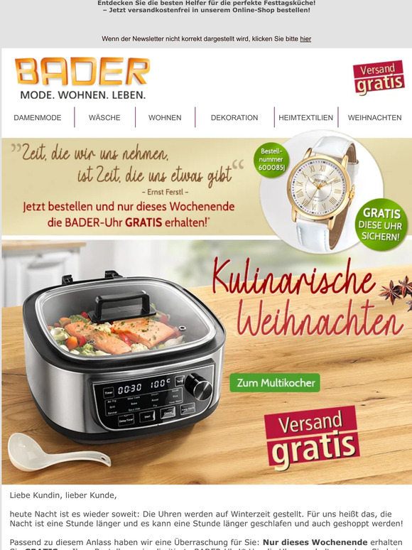 Jetzt Geschenk sichern! Alle Uhren auf Winterzeit - nur dieses Wochenende zur Zeitumstellung eine exklusive BADER Uhr sichern!
