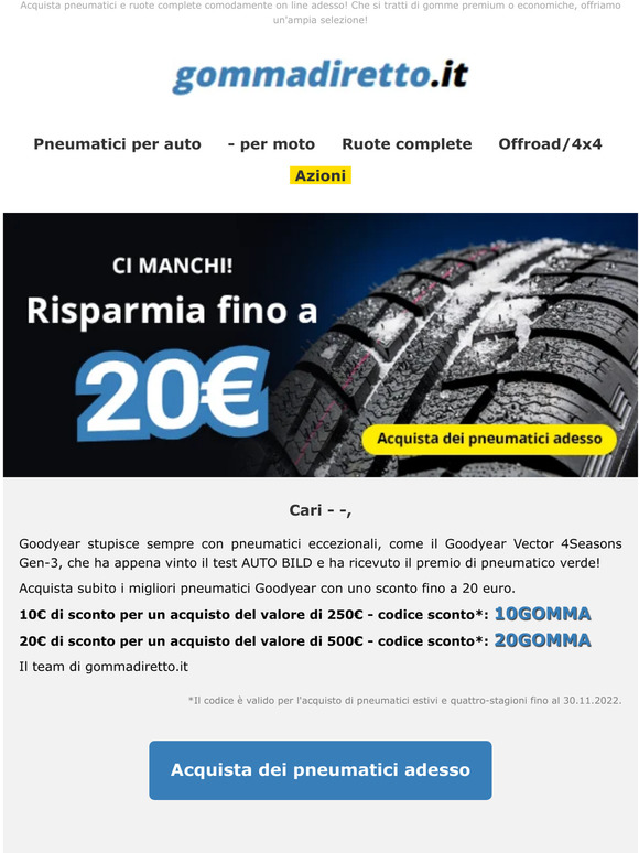 Risparmia fino a 20 euro su pneumatici Goodyear e altri!