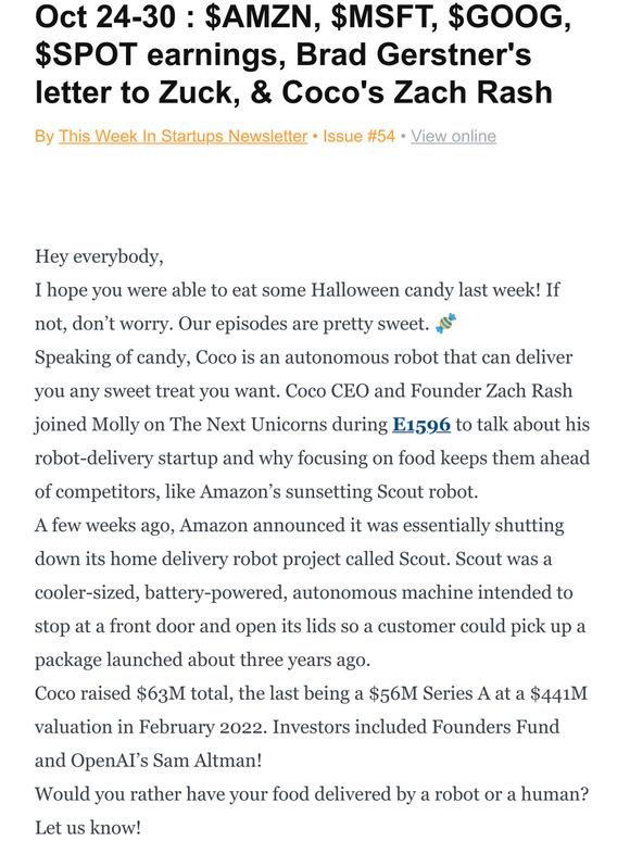 Oct 24-30 :   $AMZN, $MSFT, $GOOG, $SPOT earnings, Brad Gerstner's letter to Zuck, & Coco's Zach Rash