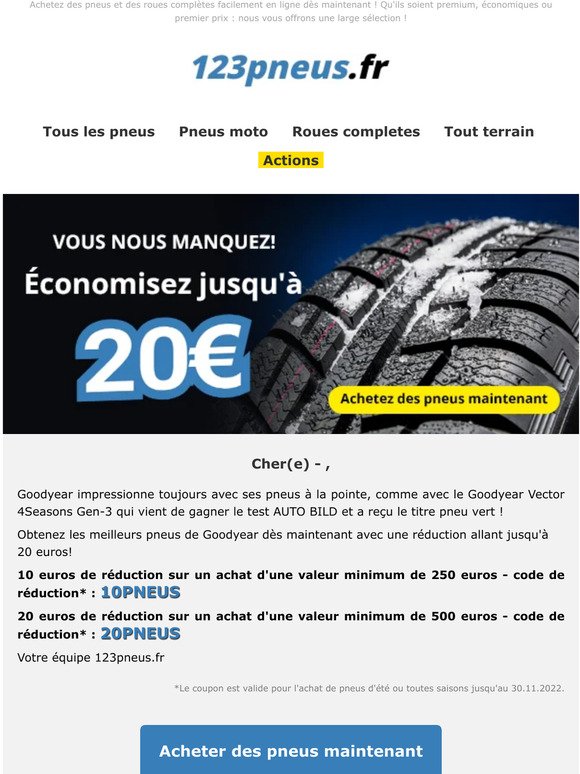 Economisez jusqu'à 20 euros sur les pneus de Goodyear et d'autres marques !