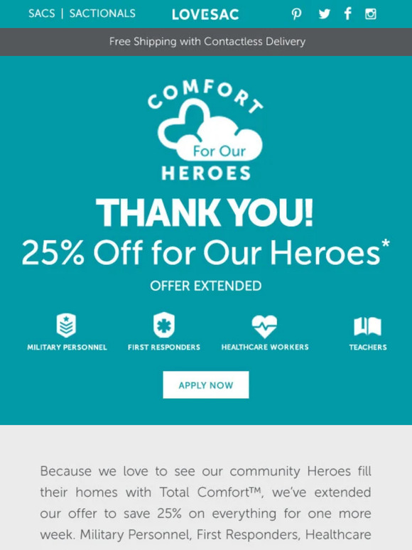 LoveSac EXTENDED Apply for Your Heroes Code to Save 25 on