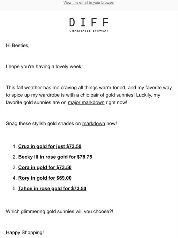 DIFF Eyewear Two Words GOLD MARKDOWNS! ⭐ Milled