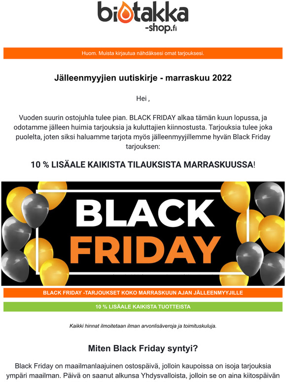 BLACK FRIDAY -tarjoukset jälleenmyyjille nyt!