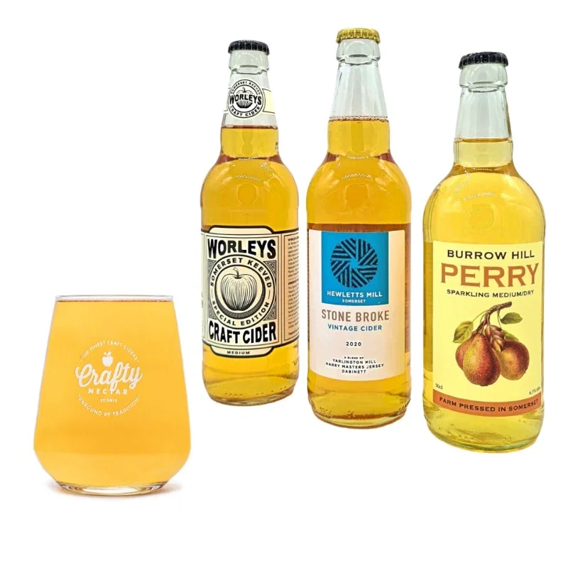 3 Bottles of Craft Cider with a Cider Glass