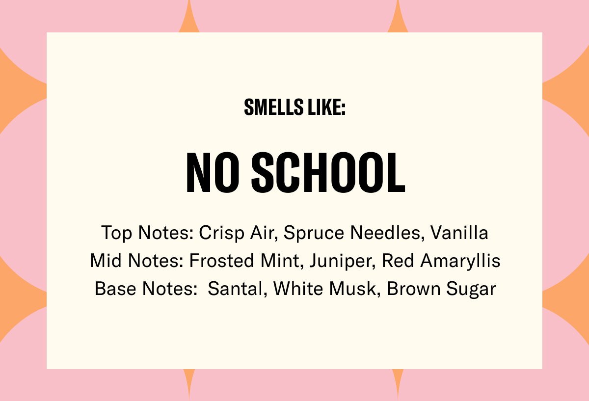 smells like: no school. top notes: crisp air, spruce needles, vanilla. mid notes: frosted mint, juniper, red amaryllis. base notes: santal, white musk, brown sugar.