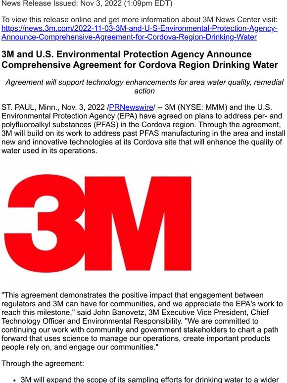 3M and U.S. Environmental Protection Agency Announce Comprehensive Agreement for Cordova Region Drinking Water