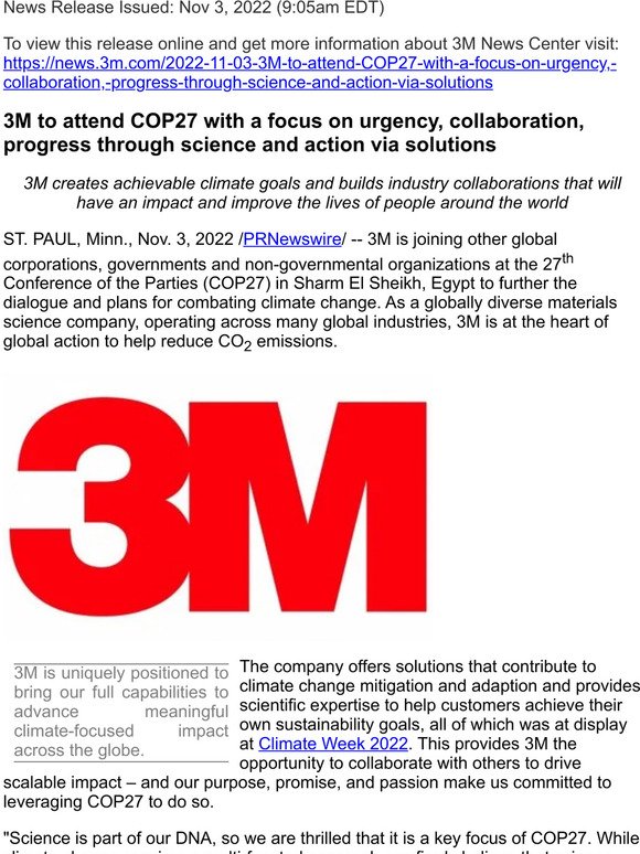 3M to attend COP27 with a focus on urgency, collaboration, progress through science and action via solutions