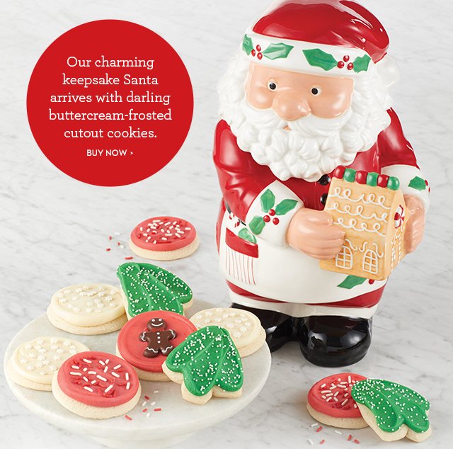 Our charming keepsake Santa arrives with darling buttercream-frosted cutout cookies.
