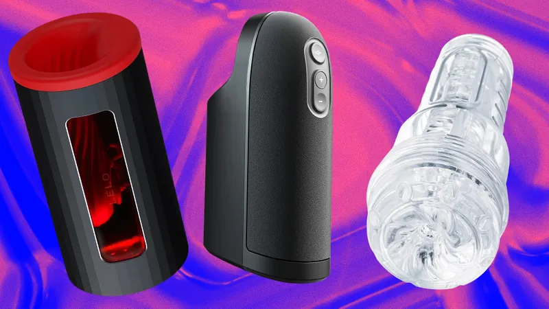 A collage of three different sex toys on a colorful background