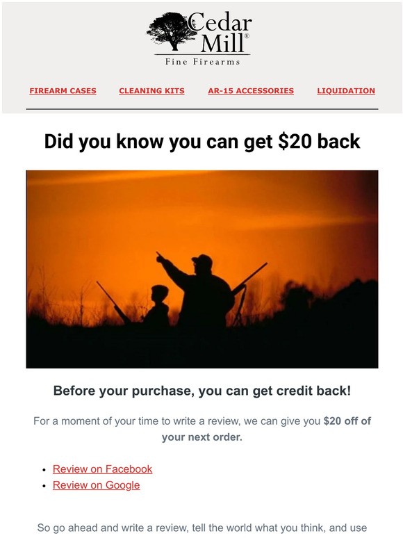 cedar-mill-firearms-give-a-review-and-get-20-off-of-your-next-order