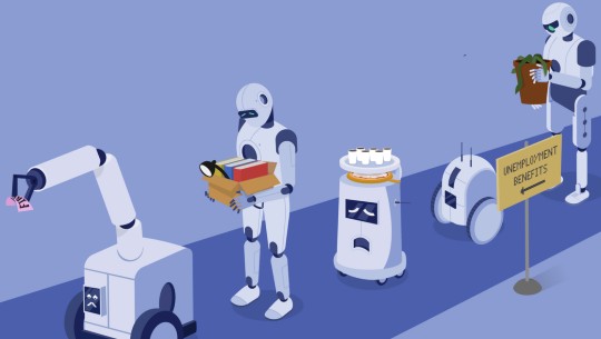 An illustration shows sad robots in line for unemployment benefits