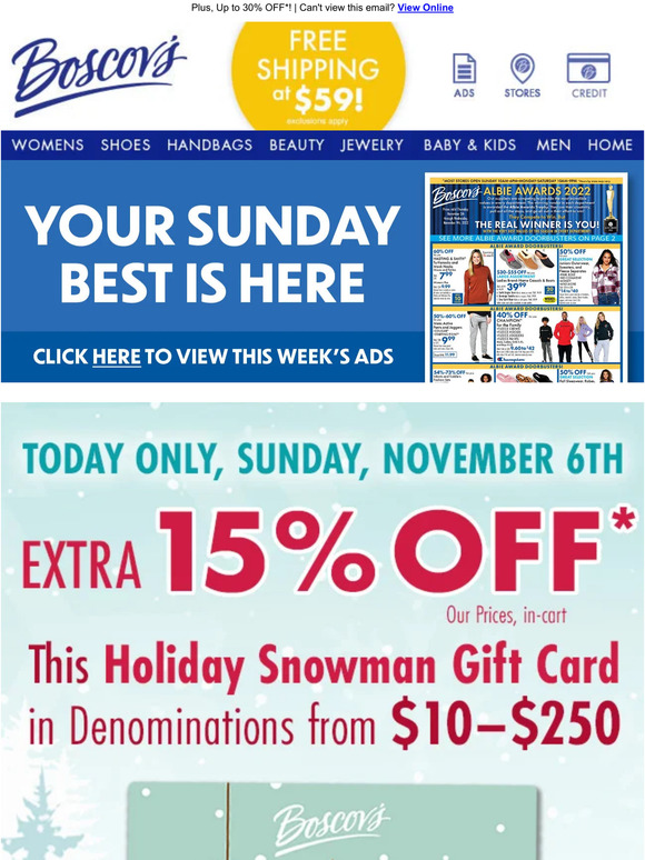 Boscov's Extra 15 off & Holiday Gift Card + Your Sunday Best is Here