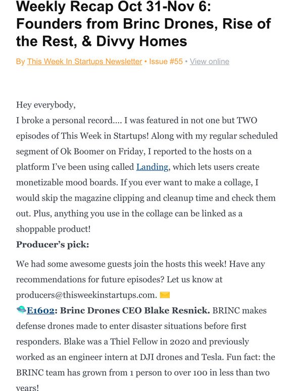 Weekly Recap Oct 31-Nov 6:  Founders from Brinc Drones, Rise of the Rest,  & Divvy Homes