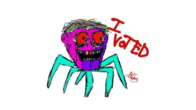 Ulster County, NY "I voted" sticker design submission. Colorful smiling human head with six teal legs.